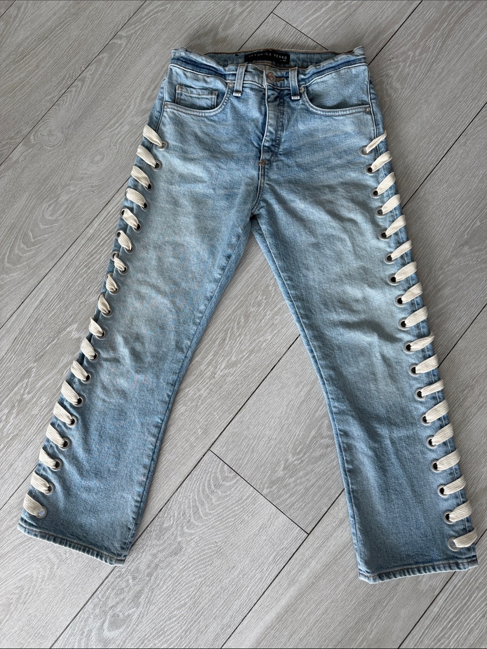Veronica Beard Light Blue Denim Jeans with White Lace-Up Sides